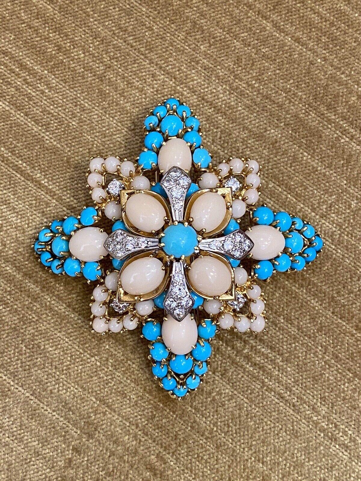 Cabochon Angel Skin Coral & Turquoise Maltese Cross Pin Brooch 18k Yellow Gold For Sale