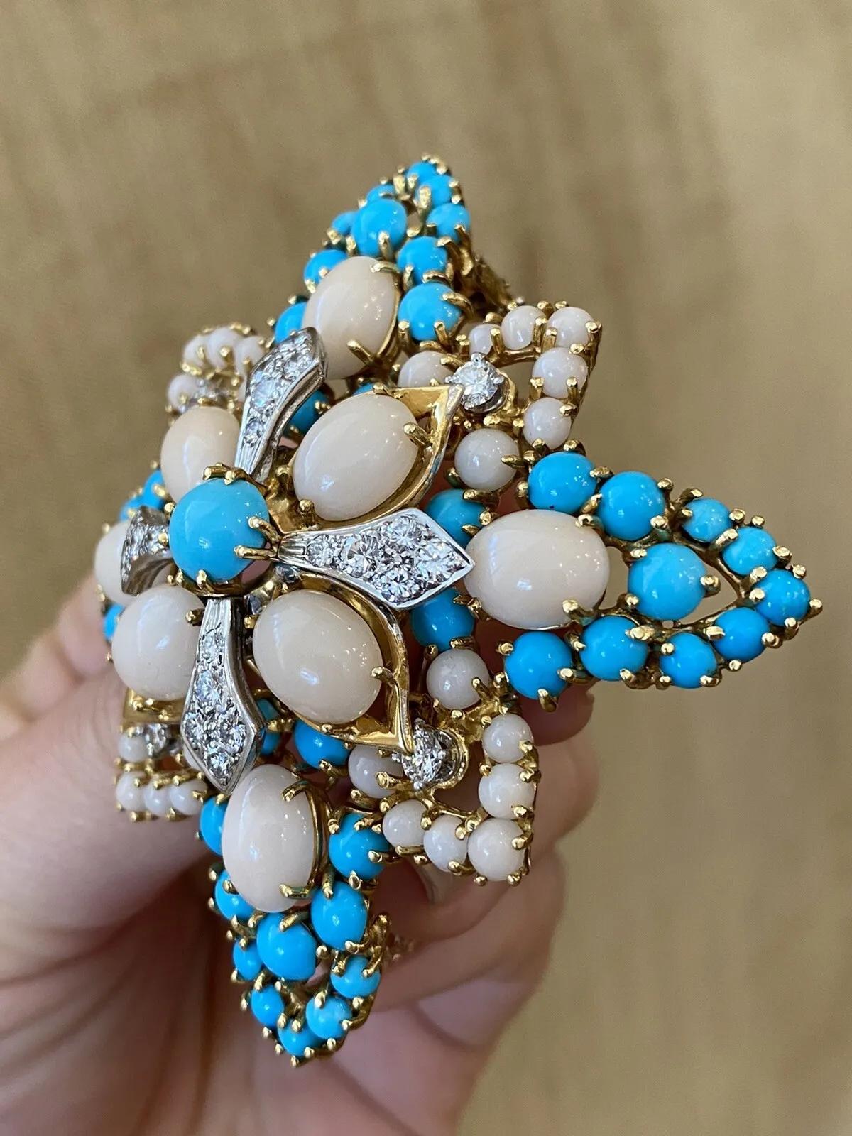 Angel Skin Coral & Turquoise Maltese Cross Pin Brooch 18k Yellow Gold For Sale 1