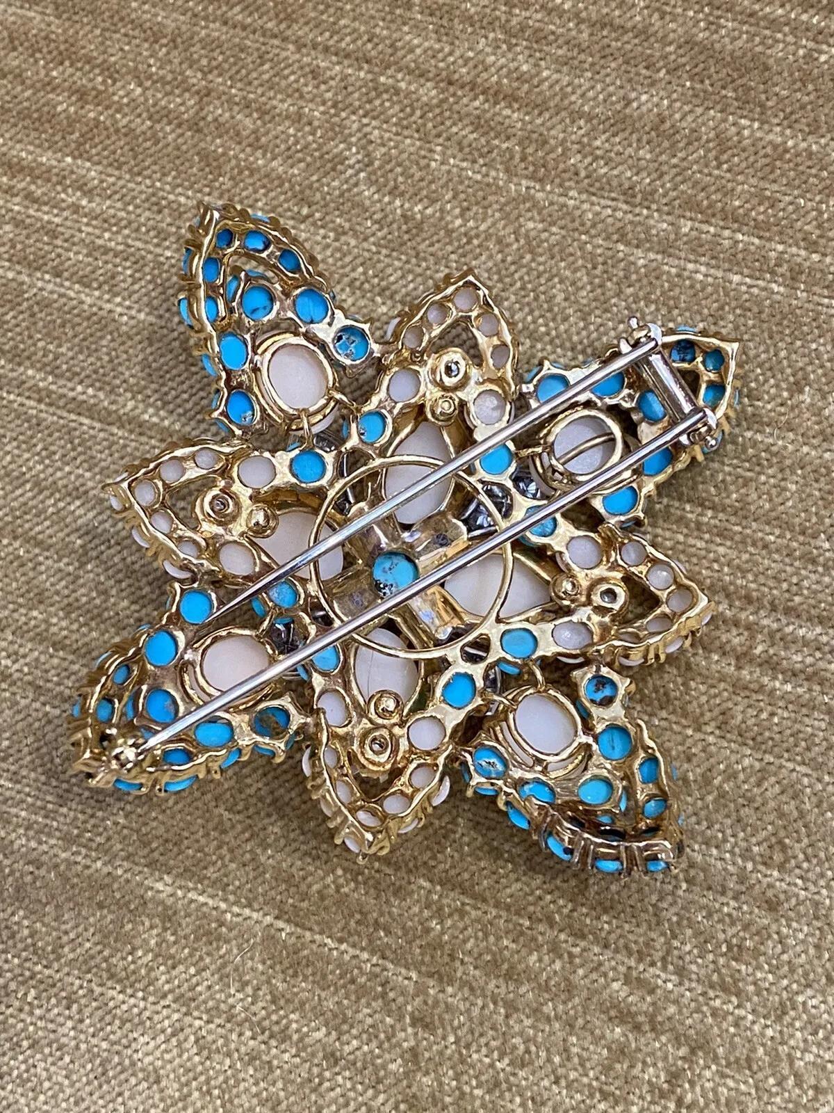 Angel Skin Coral & Turquoise Maltese Cross Pin Brooch 18k Yellow Gold For Sale 2