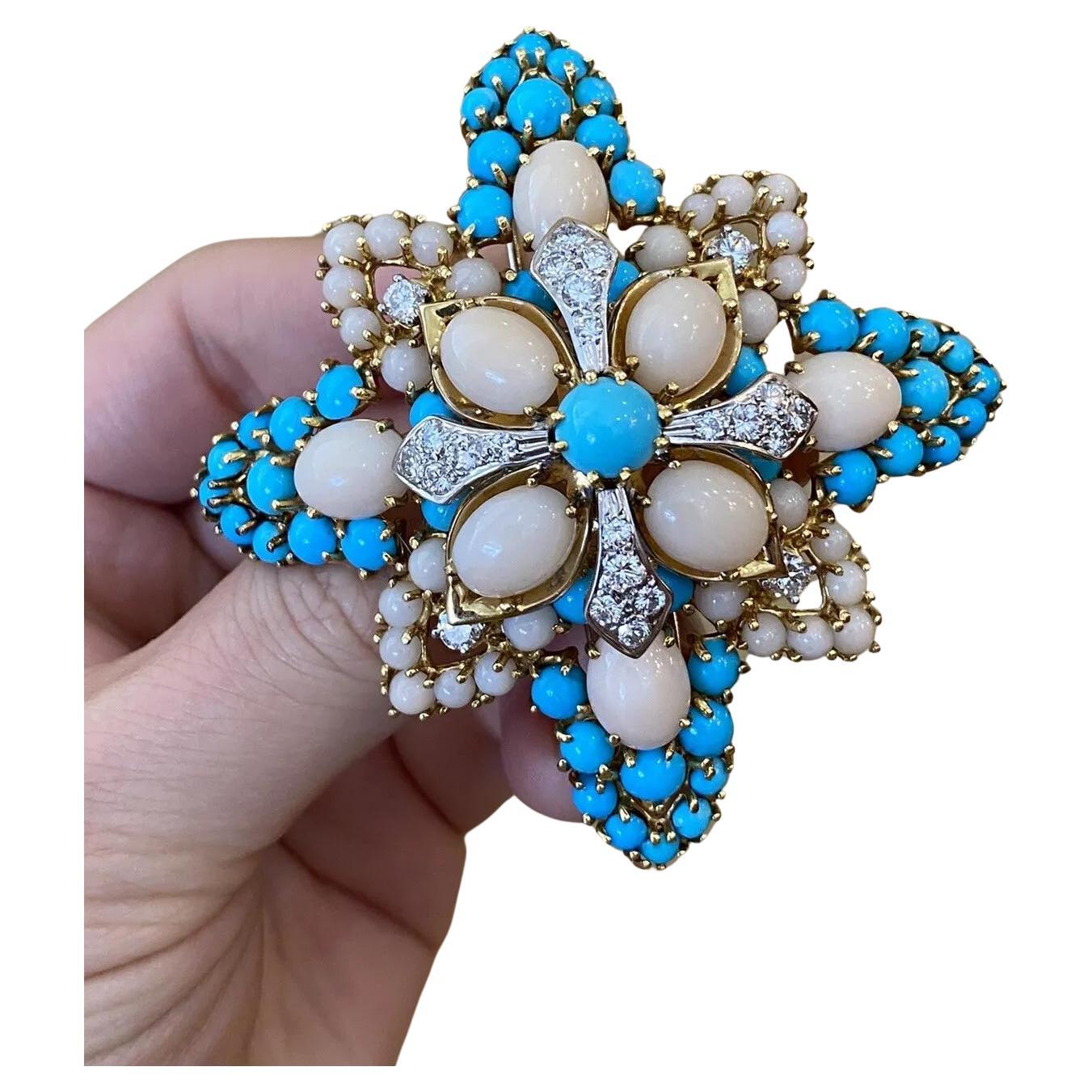 Angel Skin Coral & Turquoise Maltese Cross Pin Brooch 18k Yellow Gold For Sale