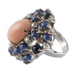 Oval Shape Pink Coral, Blue Sapphires, Diamonds, White Gold Enchanting Ring