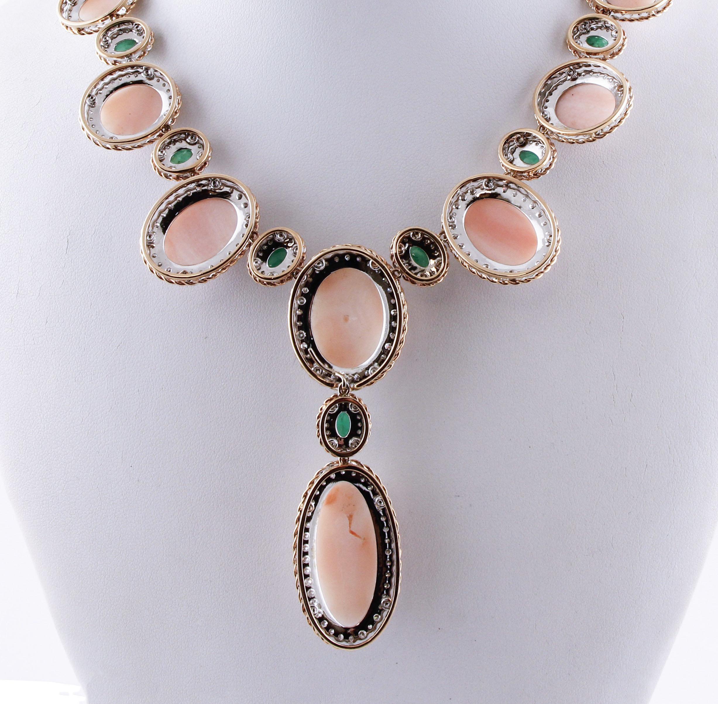 Retro Oval Shape Pink Coral, Diamonds, Emeralds, Rose White Gold Necklace
