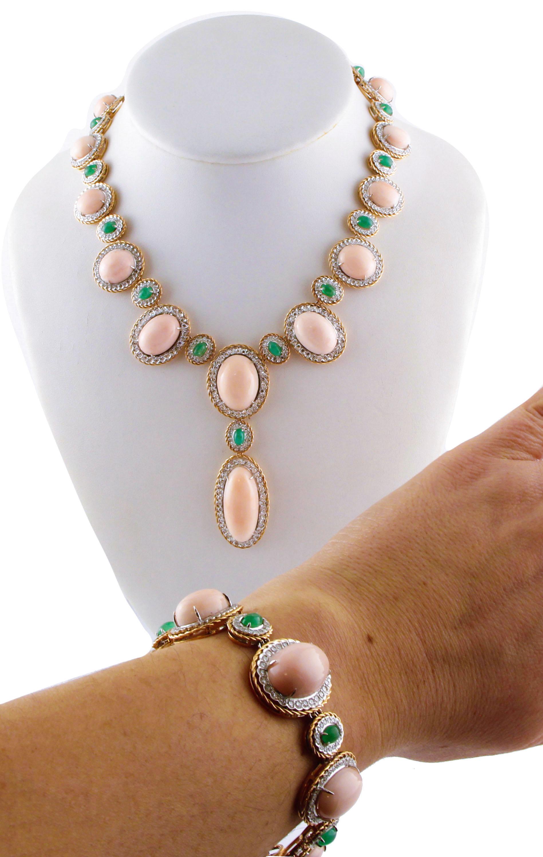 Brilliant Cut Oval Shape Pink Coral, Diamonds, Emeralds, Rose White Gold Necklace
