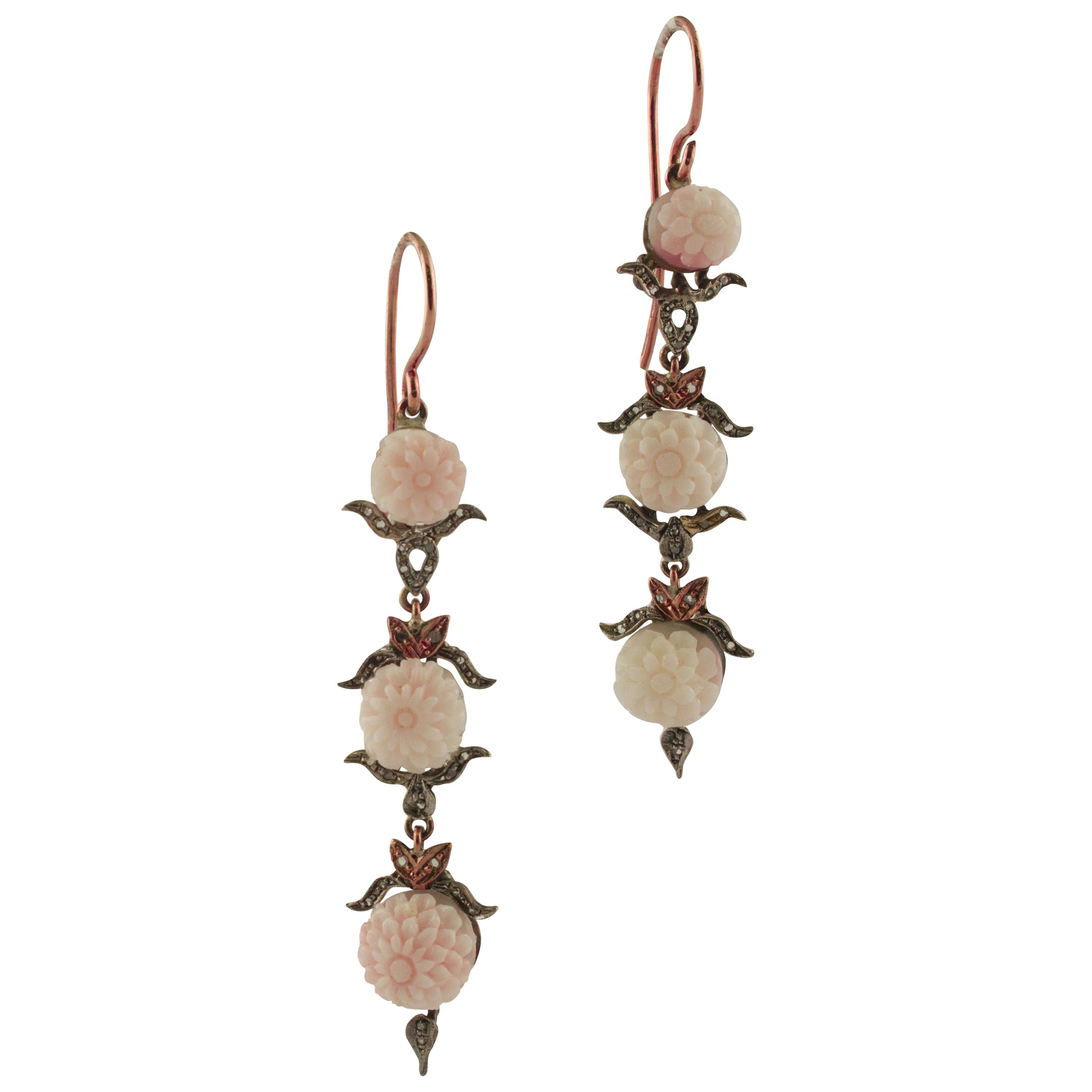 Angel Skin Pink Coral Diamonds Rose Gold and Silver Pendant Earrings