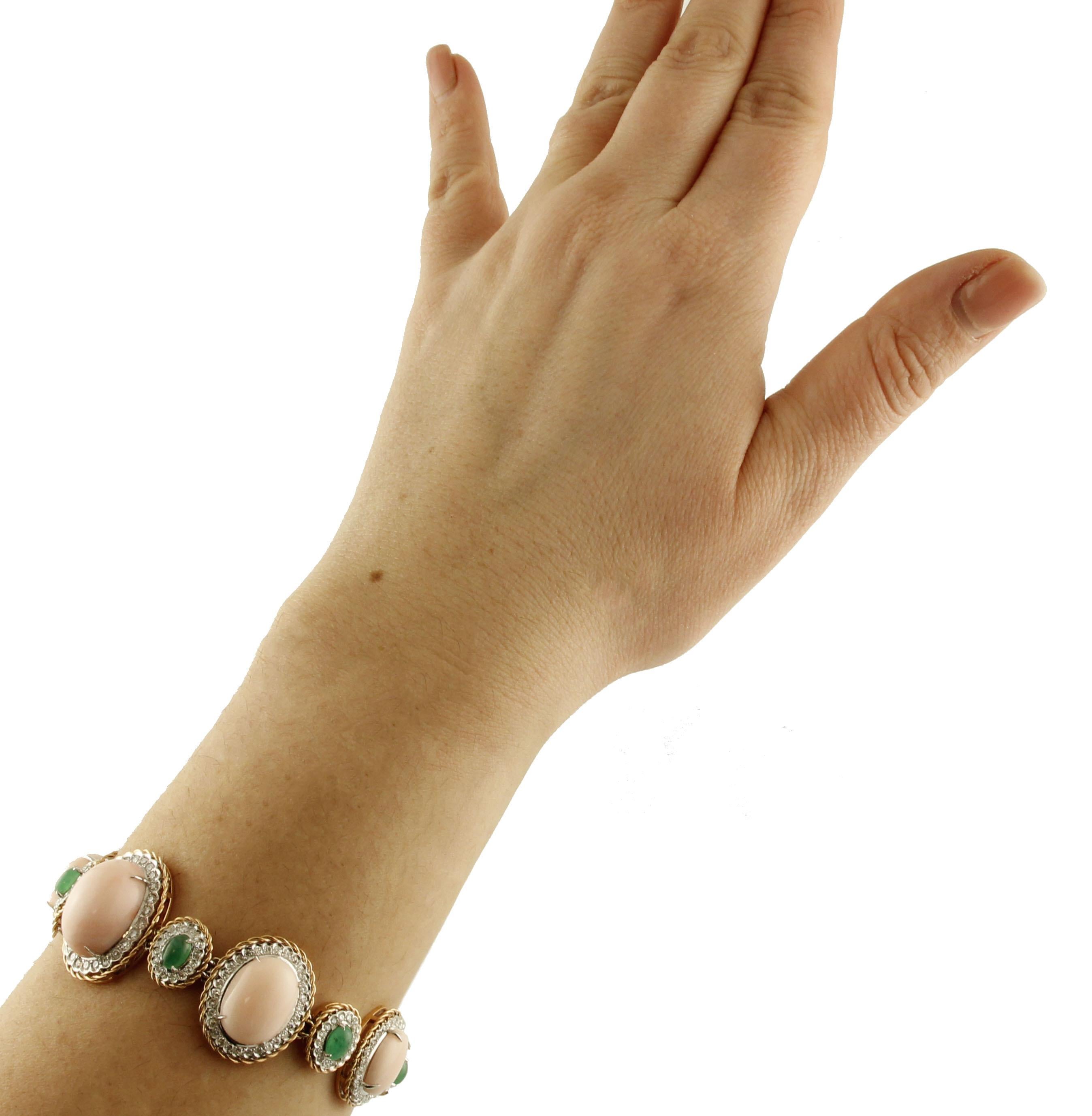 Women's Pink Corals, Emeralds, White Diamonds, White Rose Gold Bracelet