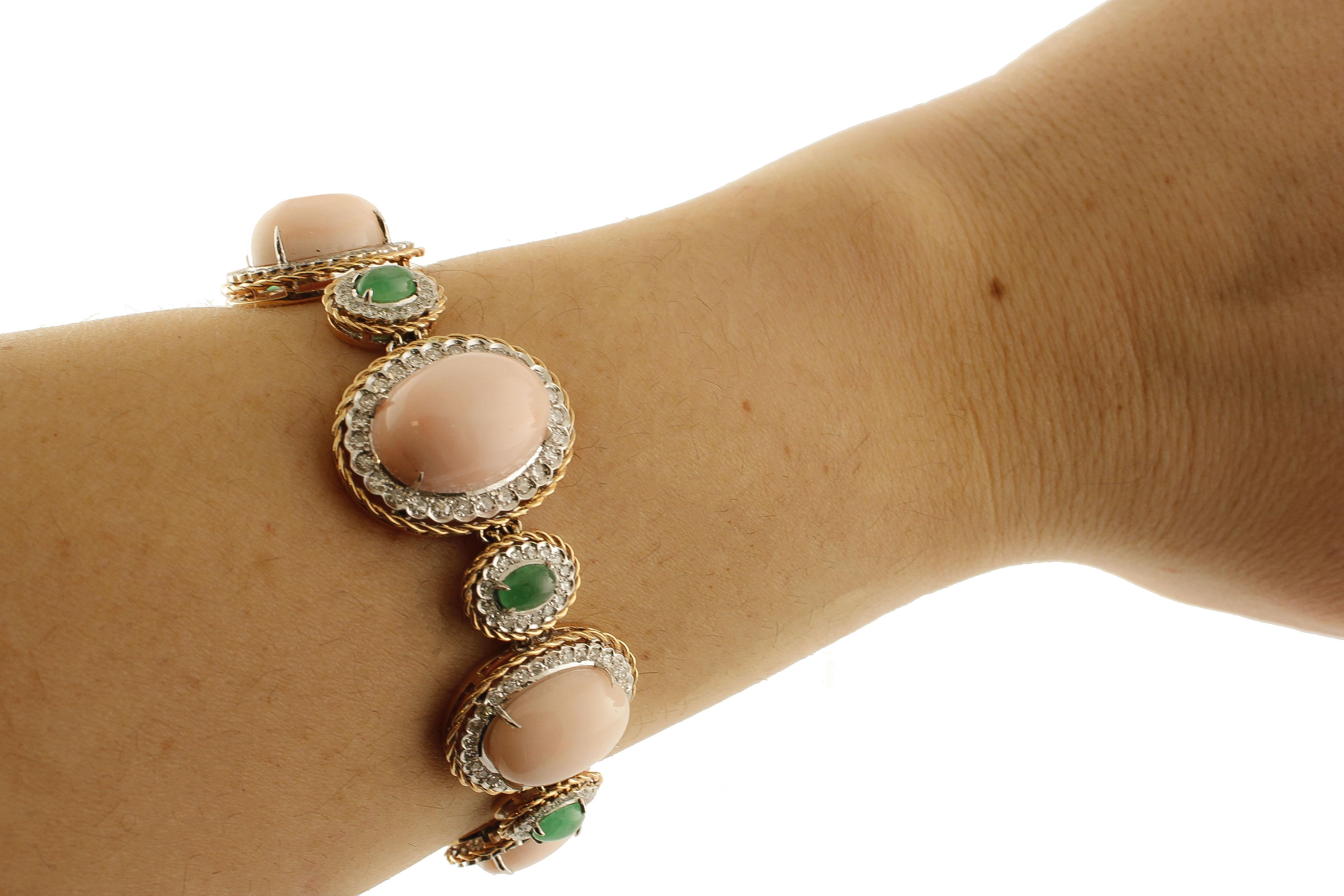 Pink Corals, Emeralds, White Diamonds, White Rose Gold Bracelet 1