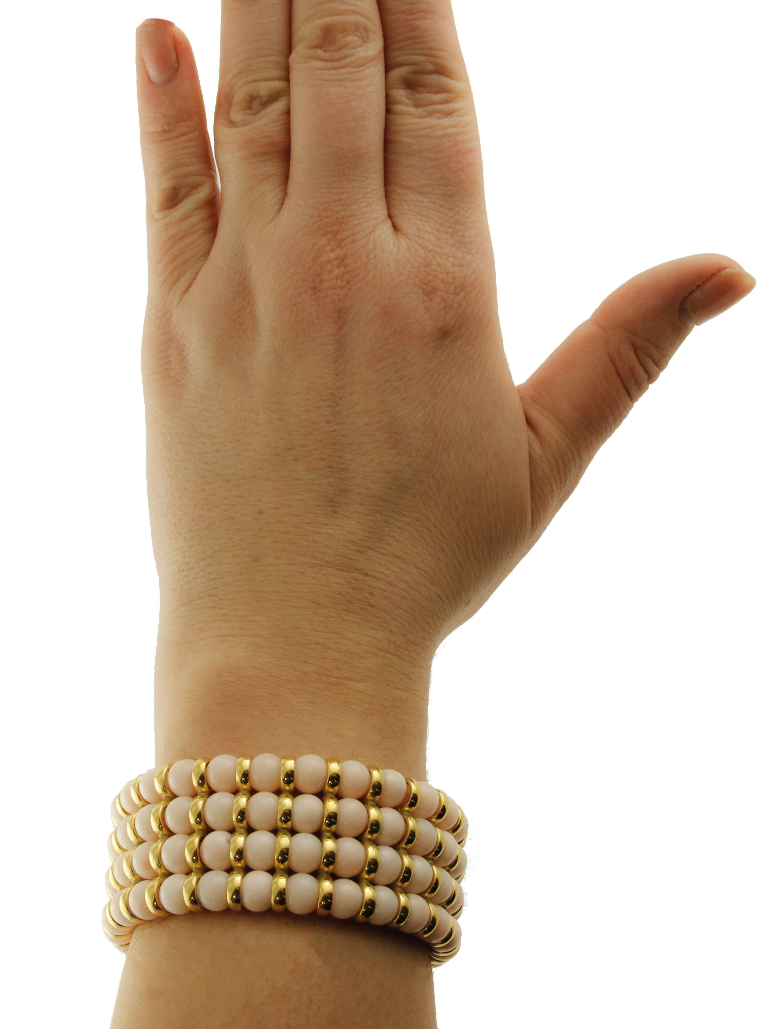 Women's Angel Skin Pink Coral Spheres, 18 Karat Yellow Gold Beaded Link Bracelet