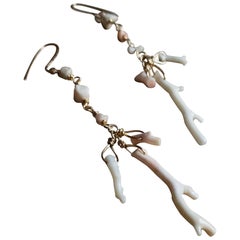 SALE Angel Skin White and Pink Branch Vintage Italian Coral Gold Dangle Earrings