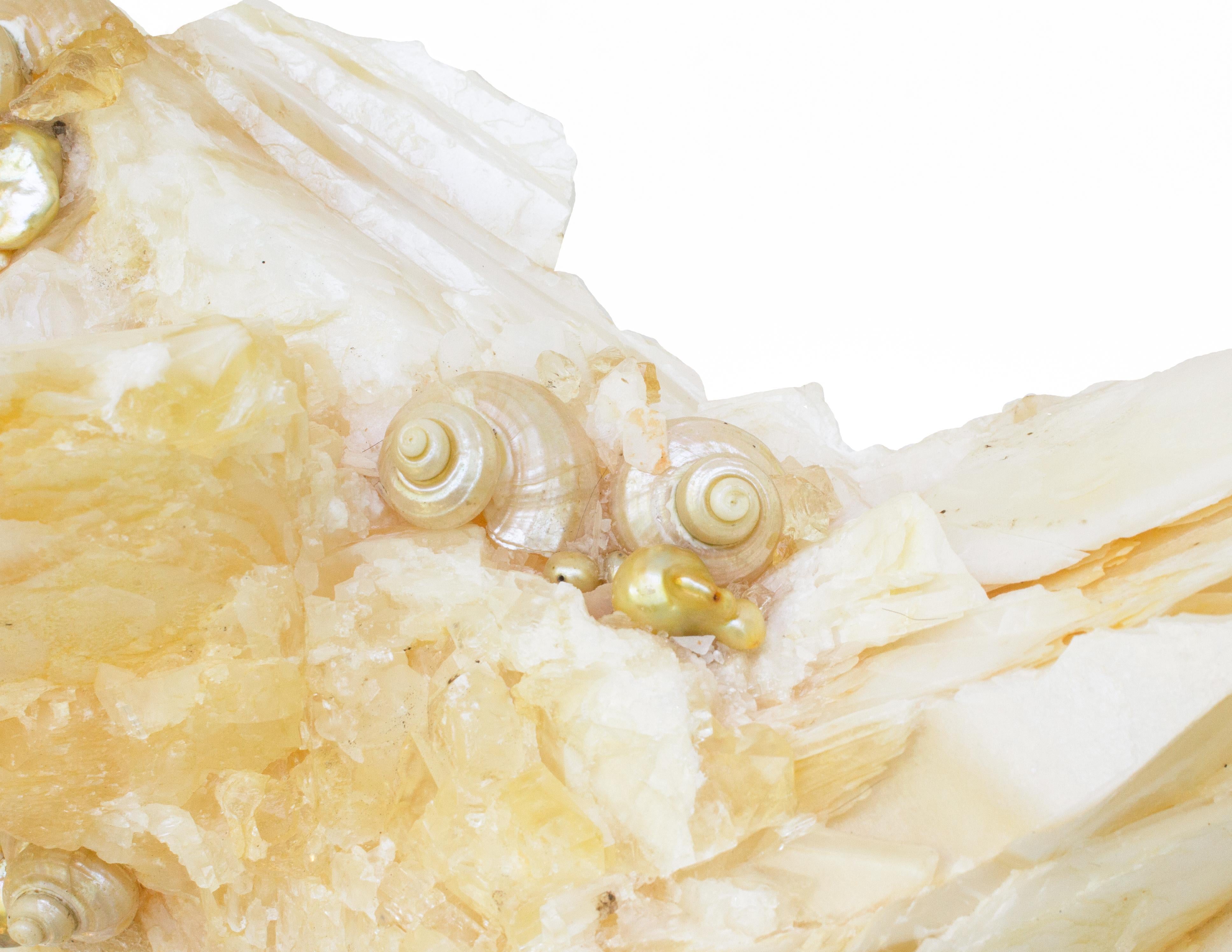 Mexican Angel Wing Calcite with Pearlescent Shells and Baroque Pearls on Lucite