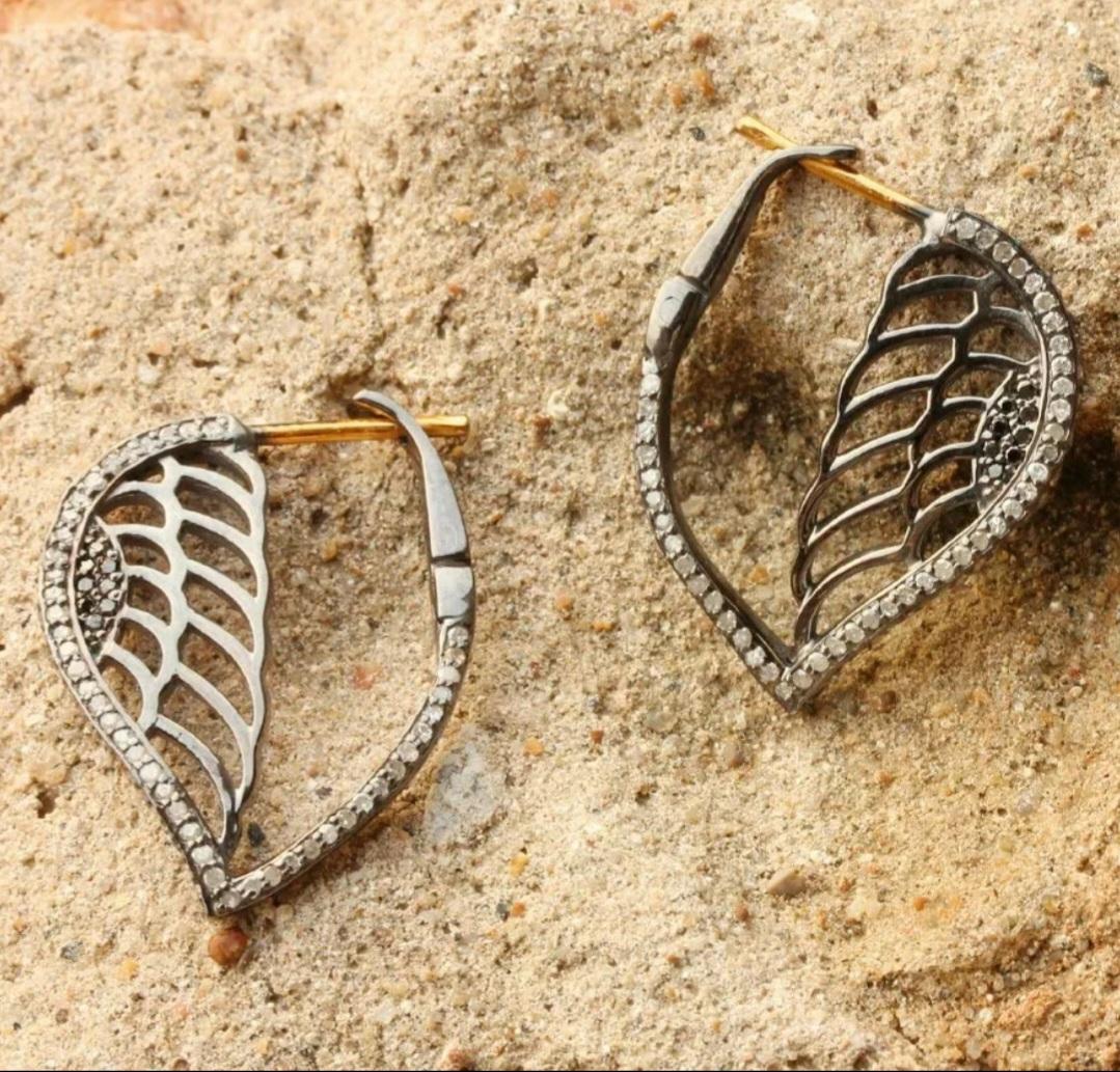 Art Deco Angel Wing Solid 14k Gold&925 Silver Dangle Earring Pave Diamond Fashion Earring For Sale