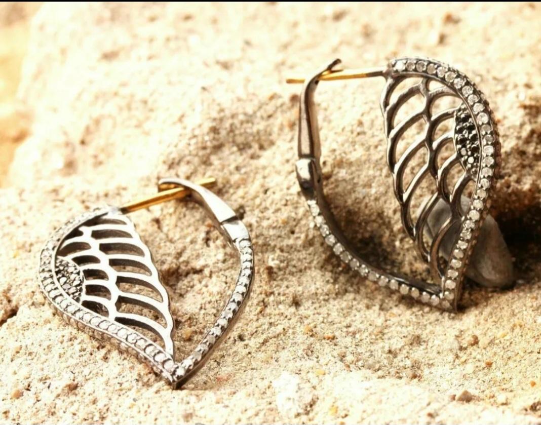 Round Cut Angel Wing Solid 14k Gold&925 Silver Dangle Earring Pave Diamond Fashion Earring For Sale