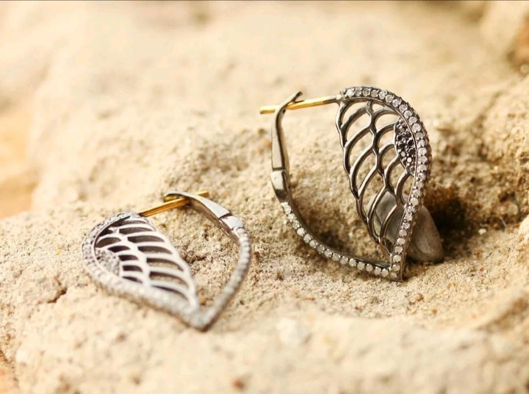Angel Wing Solid 14k Gold&925 Silver Dangle Earring Pave Diamond Fashion Earring In New Condition For Sale In Chicago, IL
