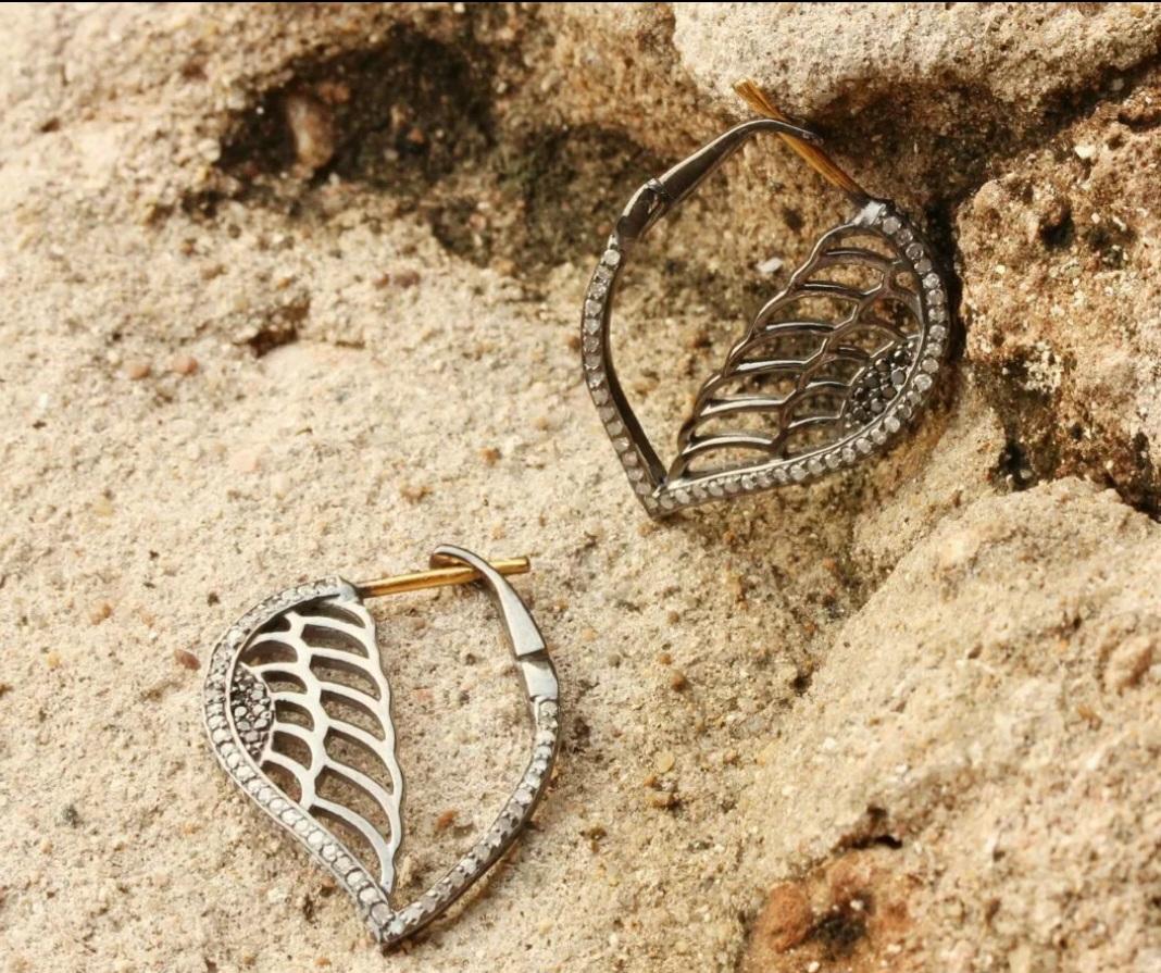 Women's or Men's Angel Wing Solid 14k Gold&925 Silver Dangle Earring Pave Diamond Fashion Earring For Sale