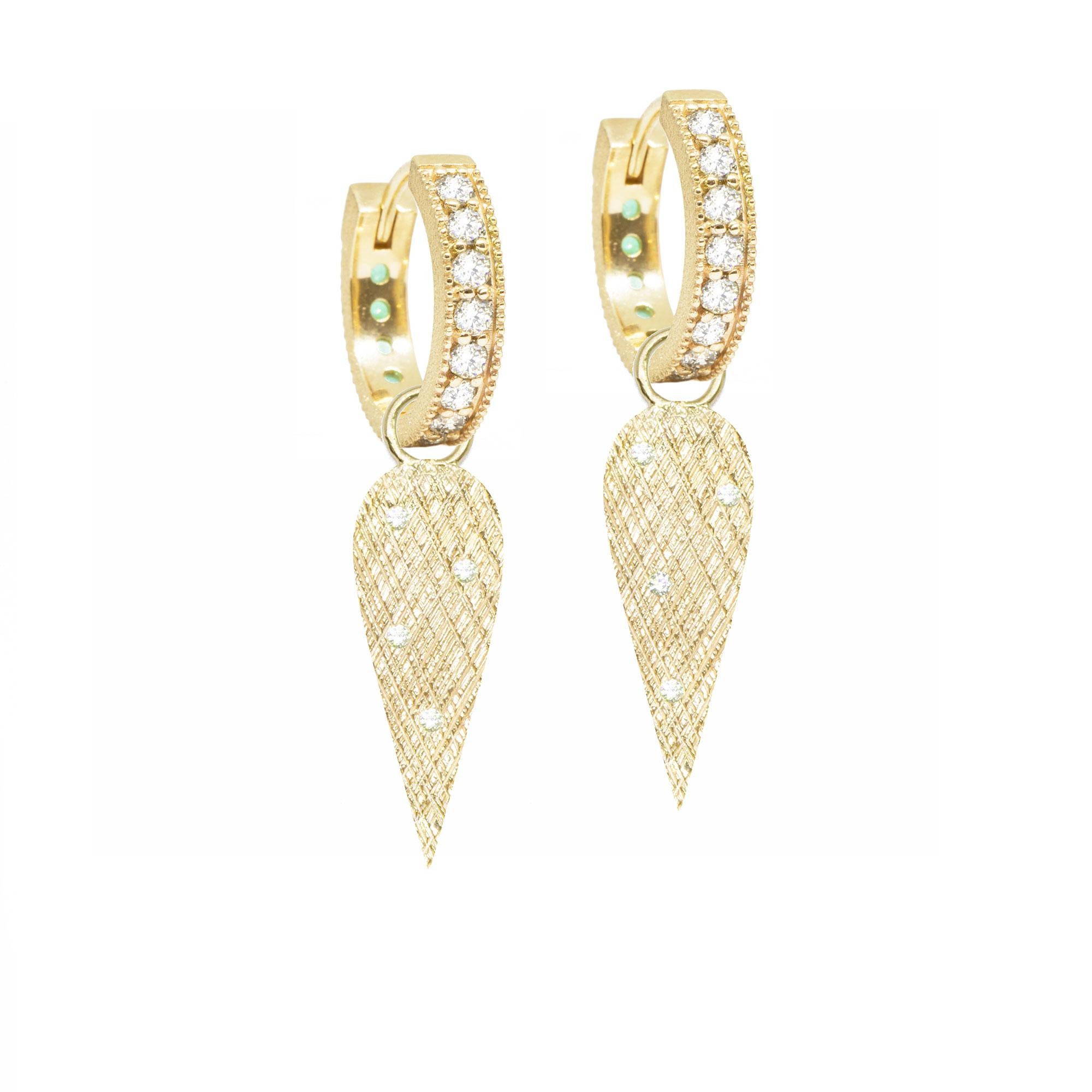 The perfect everyday style, especially when you want a subtle pop of color, the Angel Wings 20mm Gold Charms scatter diamonds on a rich gold background detailed with a feather-like crosshatch pattern.

Nina Nguyen Design's patent-pending earrings
