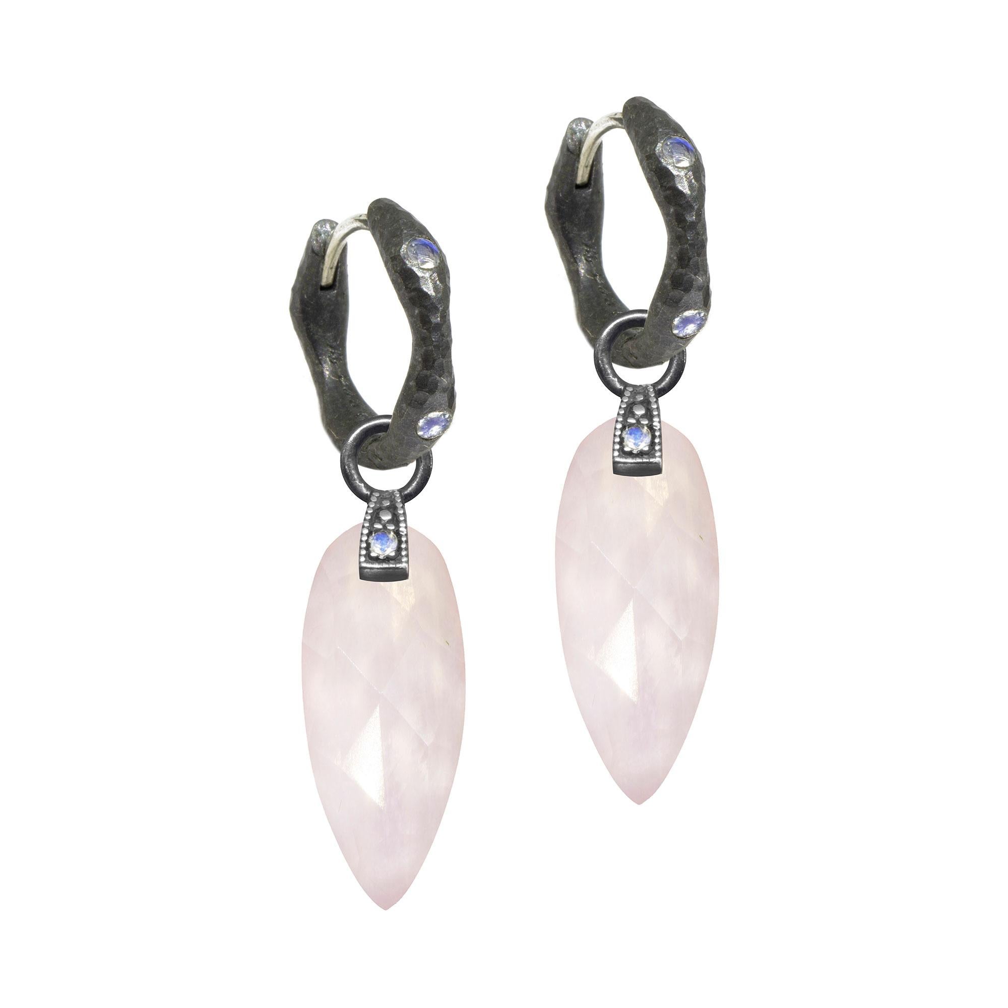 The perfect everyday style, the Angel Wings 20mm Oxidized Charms feature rose quartz drops dangling from a gemstone-studded bale.
Nina Nguyen Design's patent-pending earrings have an element on the back of the stud or charm to allow these pieces to