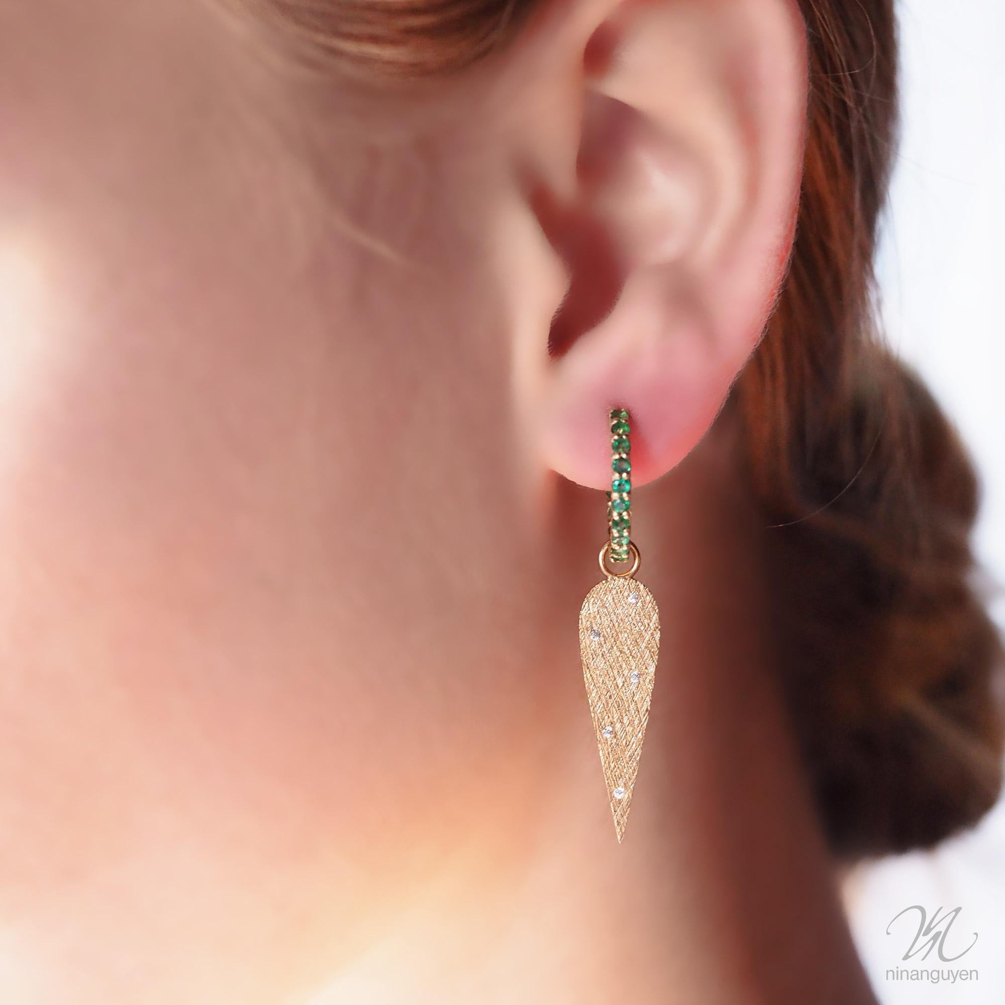 Perfect for days or evenings that demand a little glamour, the Angel Wings 30mm Gold Charms make a statement with diamonds on a rich gold background detailed with a feather-like crosshatch pattern.
Nina Nguyen Design's patent-pending earrings have