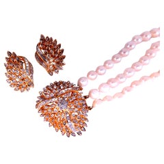 Boucles d'oreilles et collier pendentif en or 14 carats avec ailes d'ange en diamant et perles 12386