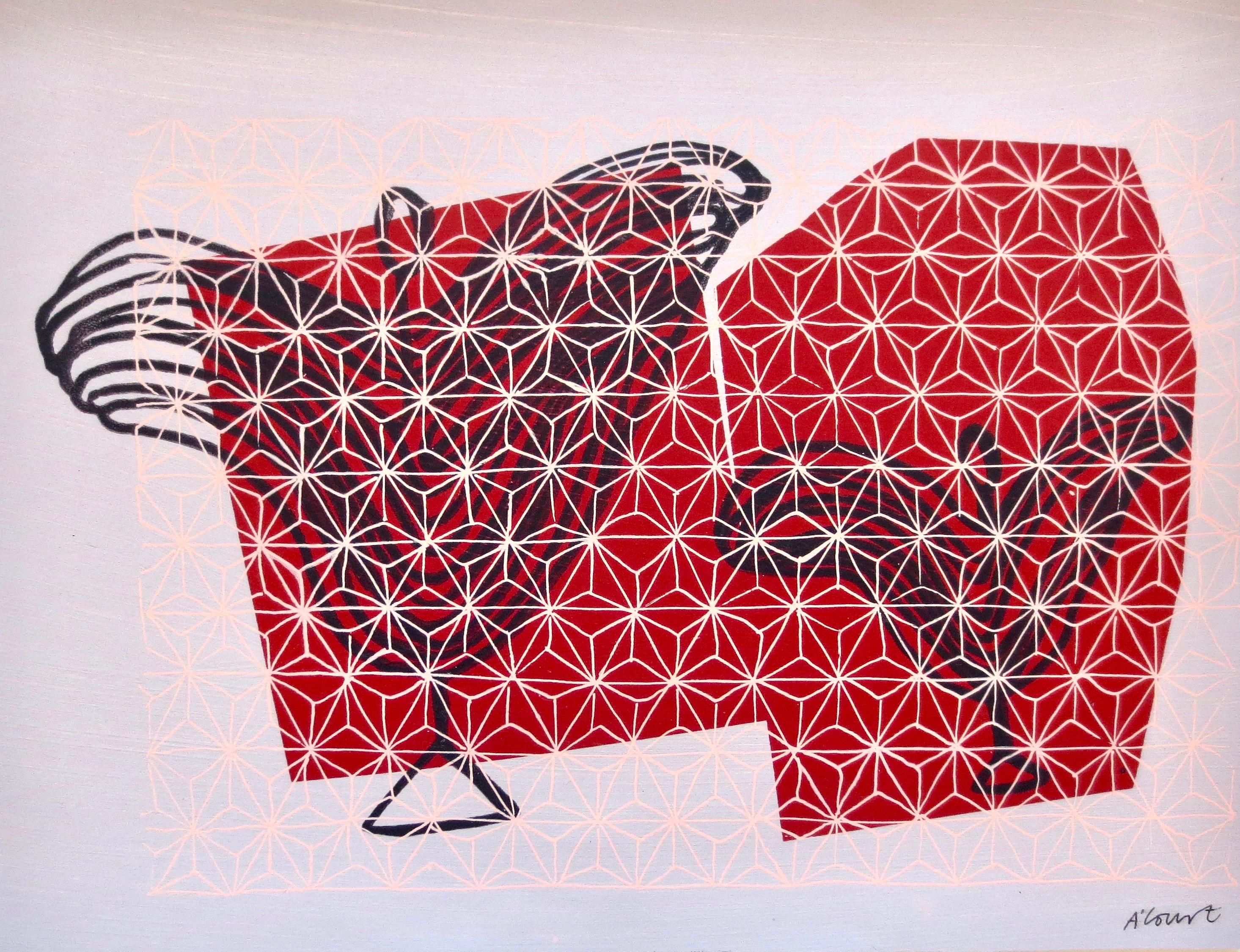 Angel Songs, bright red geometric pattern, work on paper - Mixed Media Art by Angela A'Court