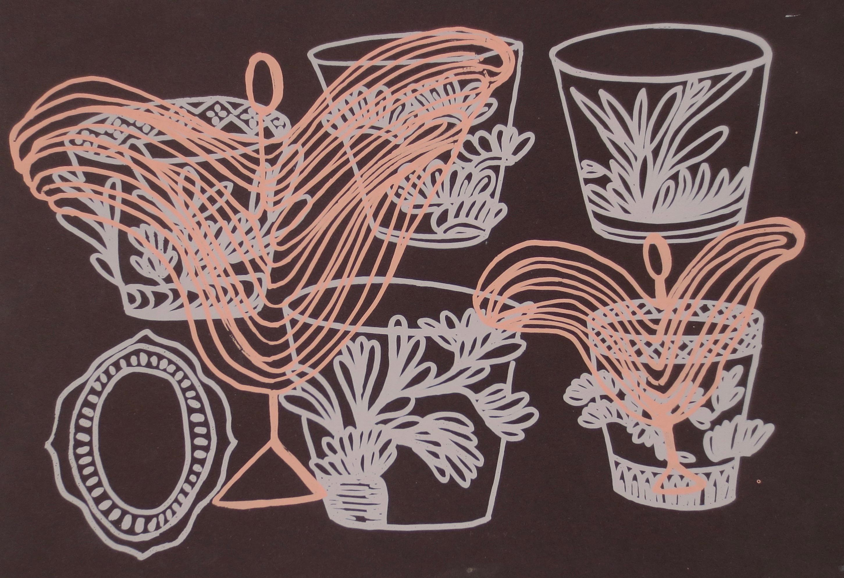 Every Moment, brown and pink print of cups, work on paper