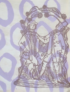 Hunters, purple print of two hunters and their dog