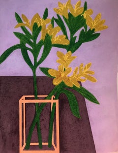 Blumen von Flowers, Vase aus gelben Blumen, weiches Pastell auf Papier, Stillleben