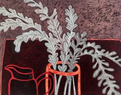 Wednesday, rotes und maroonfarbenes Stillleben, Blumenvase