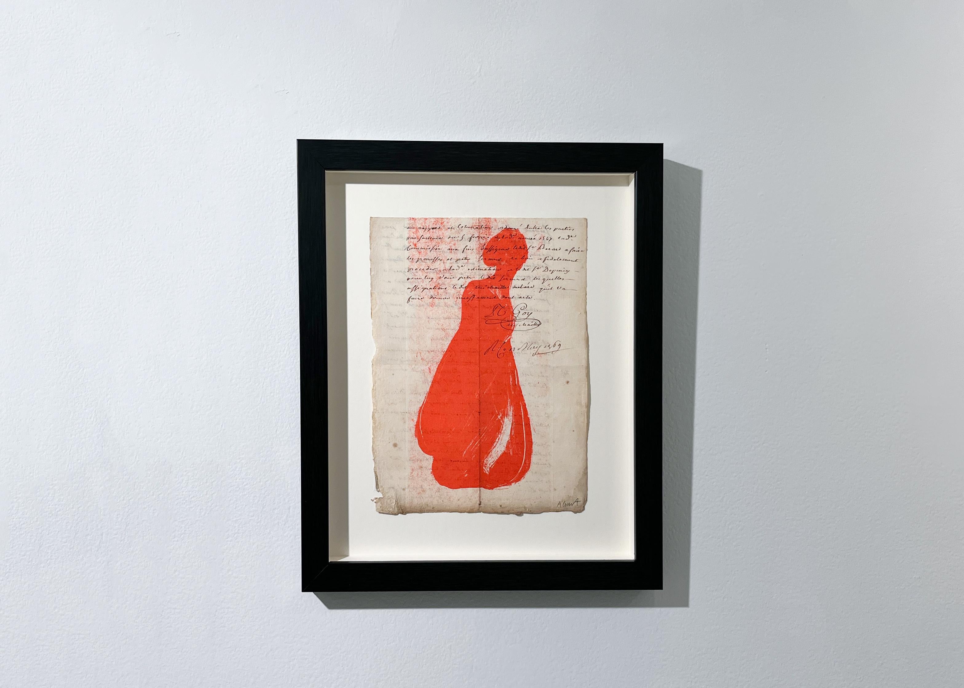 Just for One Day, red, figural, 18th century paper, screenprint, handwriting - Print by Angela A'Court