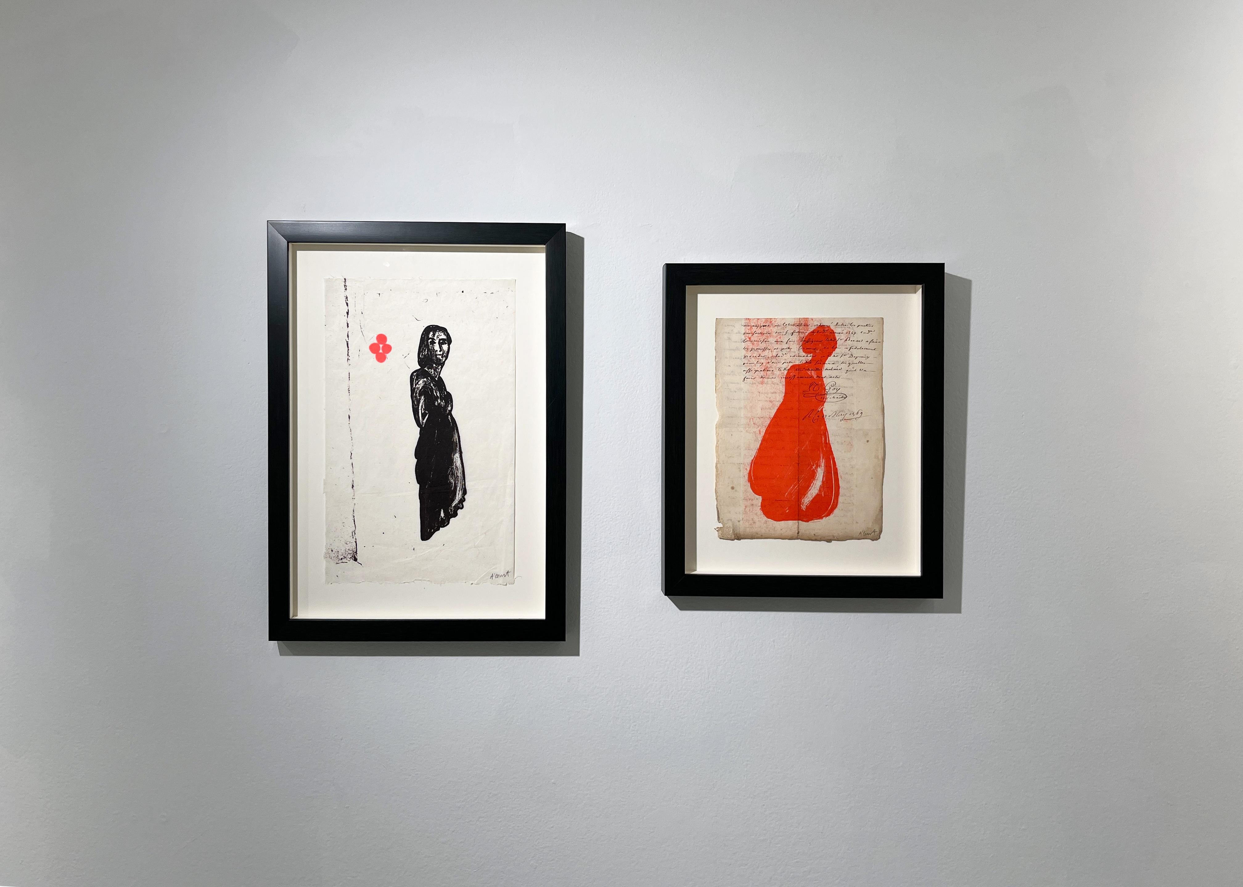 Just for One Day, red, figural, 18th century paper, screenprint, handwriting - Contemporary Print by Angela A'Court