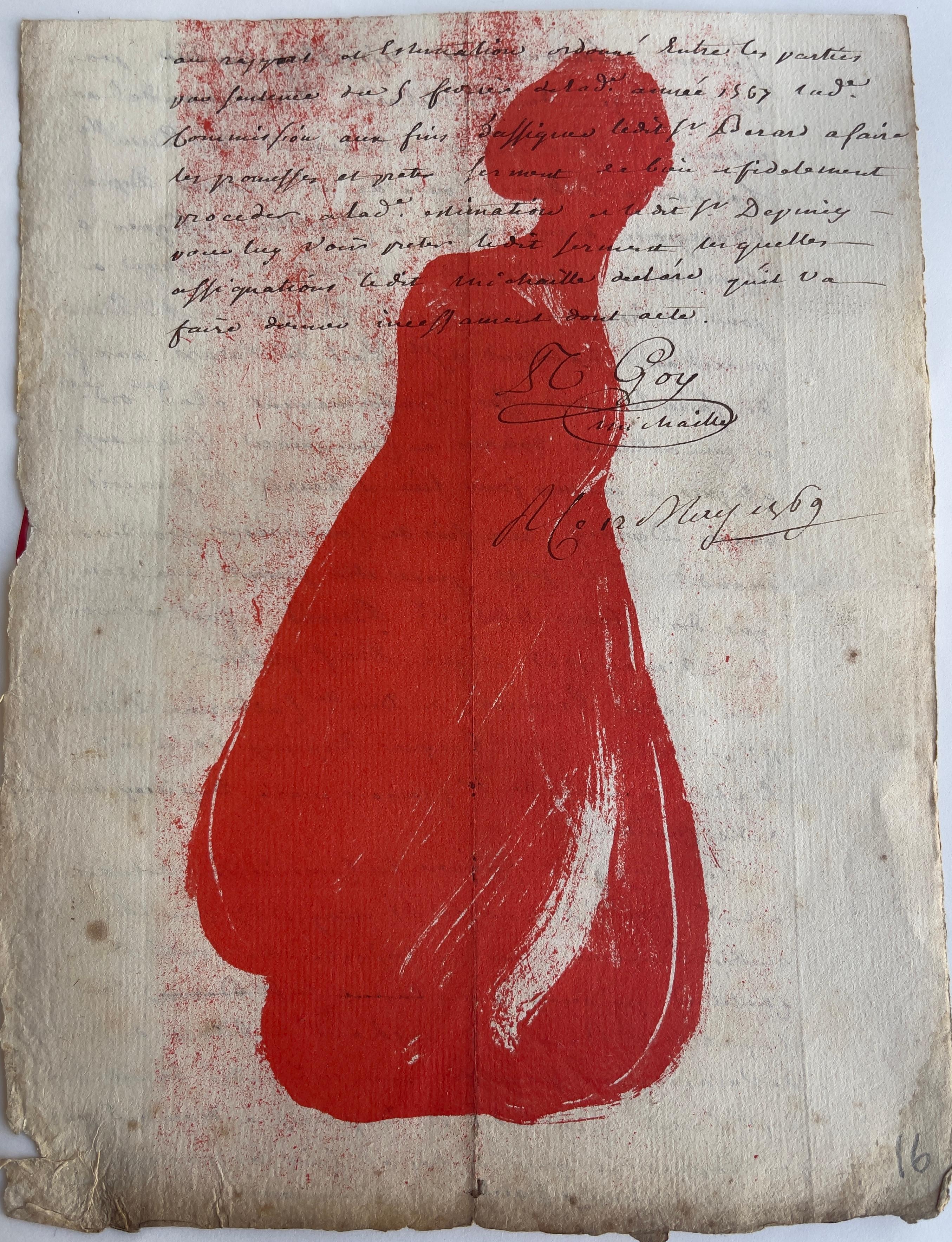 Angela A'Court Figurative Print - Just for One Day, red, figural, 18th century paper, screenprint, handwriting