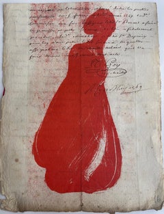Just for One Day, rot, figural, Papier aus dem 18. Jahrhundert, Siebdruck, Handschrift