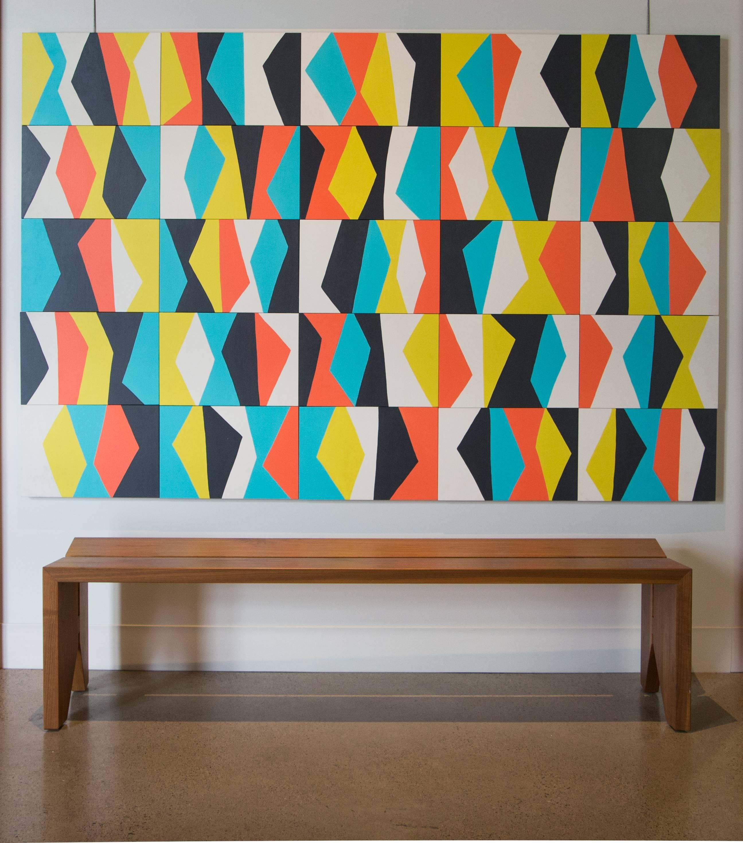 Jazz is an original tile painting by Angela Adams. Acrylic on birch panels. Comprised of 25 individually painted measure: 12” x 18” x 1” tiles, painted with vector angles in orange, yellow, blue and black, and arranged together to create the 5’ x