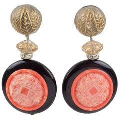 Angela Caputi Asian Inspired Resin Clip Earrings Coral Black 