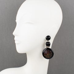 Angela Caputi Baroque Dangle Black Resin Clip Earrings with Floral Decor