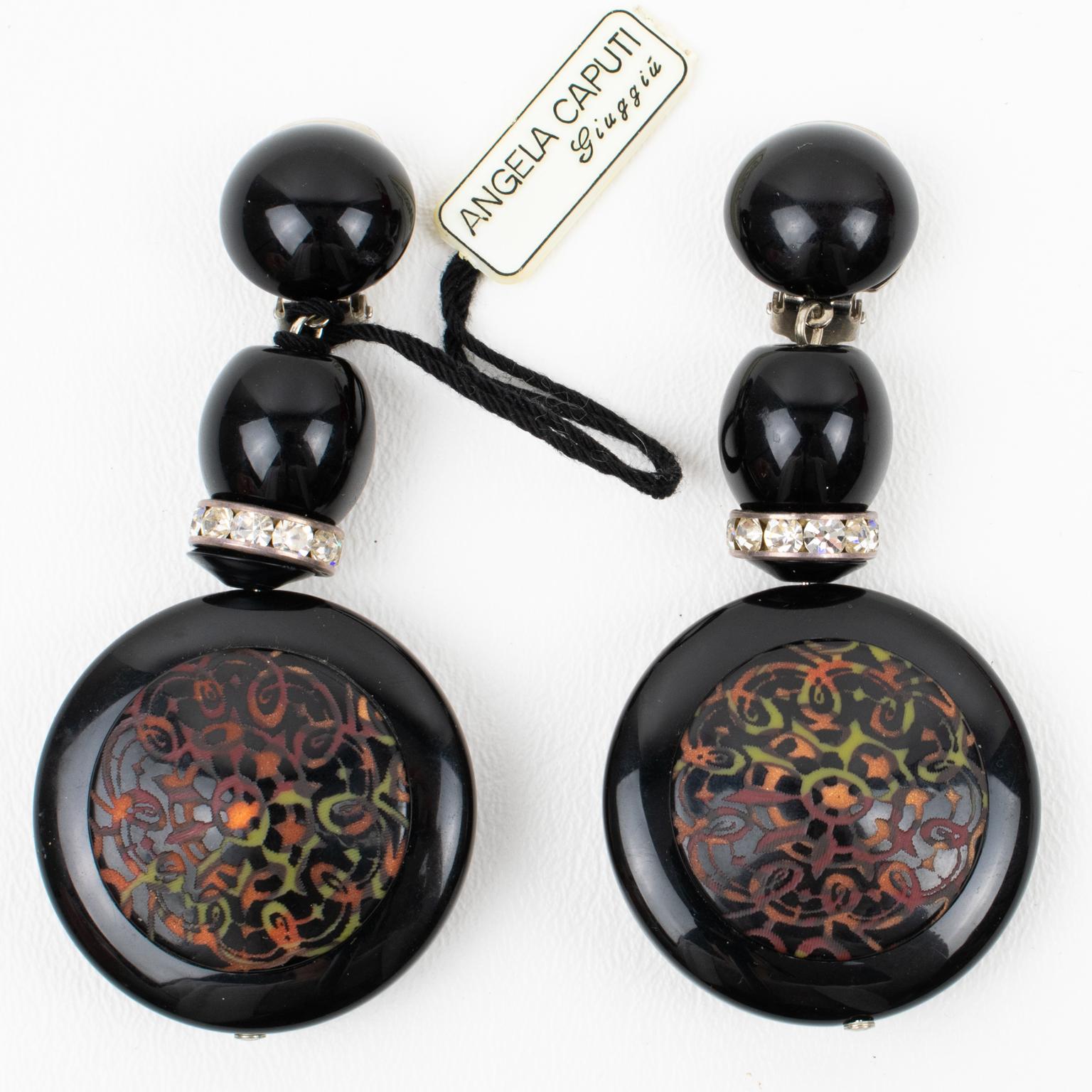 Modern Angela Caputi Baroque Dangle Black Resin Clip Earrings with Floral Decor For Sale