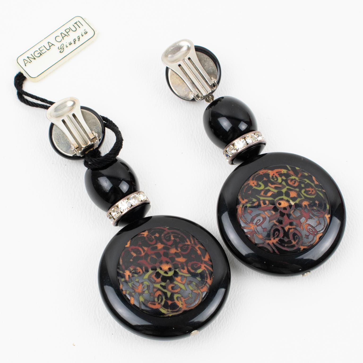 Angela Caputi Baroque Dangle Black Resin Clip Earrings with Floral Decor In Excellent Condition For Sale In Atlanta, GA