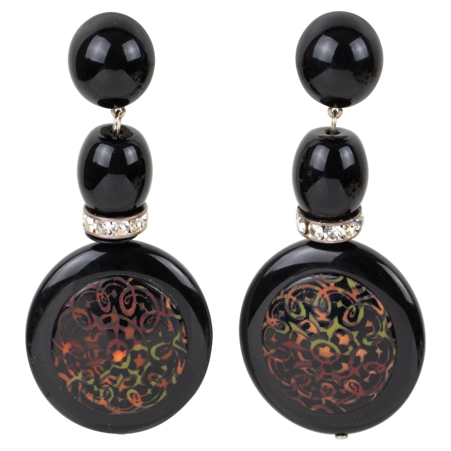 Angela Caputi Baroque Dangle Black Resin Clip Earrings with Floral Decor For Sale