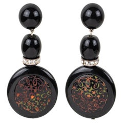 Angela Caputi Baroque Dangle Black Resin Clip Earrings with Floral Decor