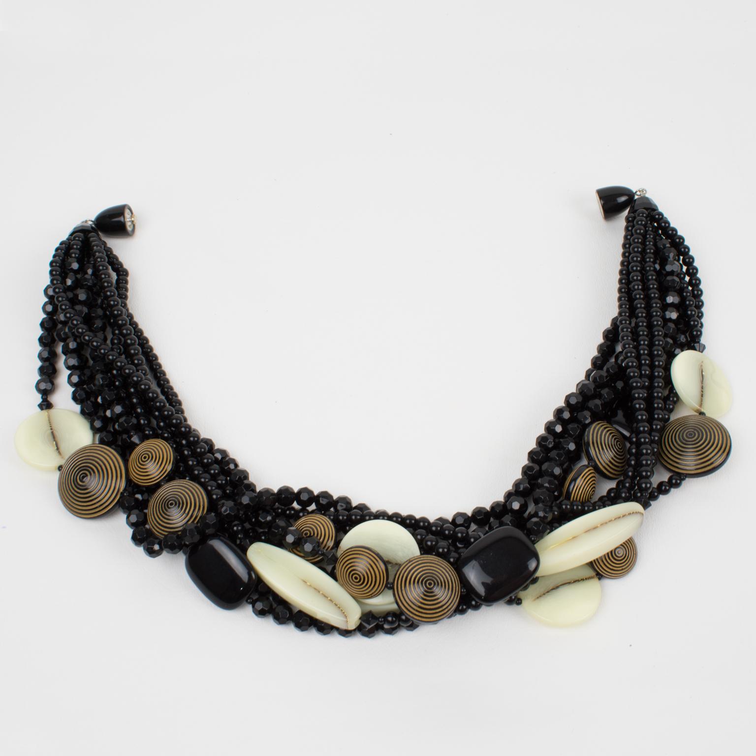 Angela Caputi Black and Beige Multi-Strand Resin Choker Necklace For Sale 6
