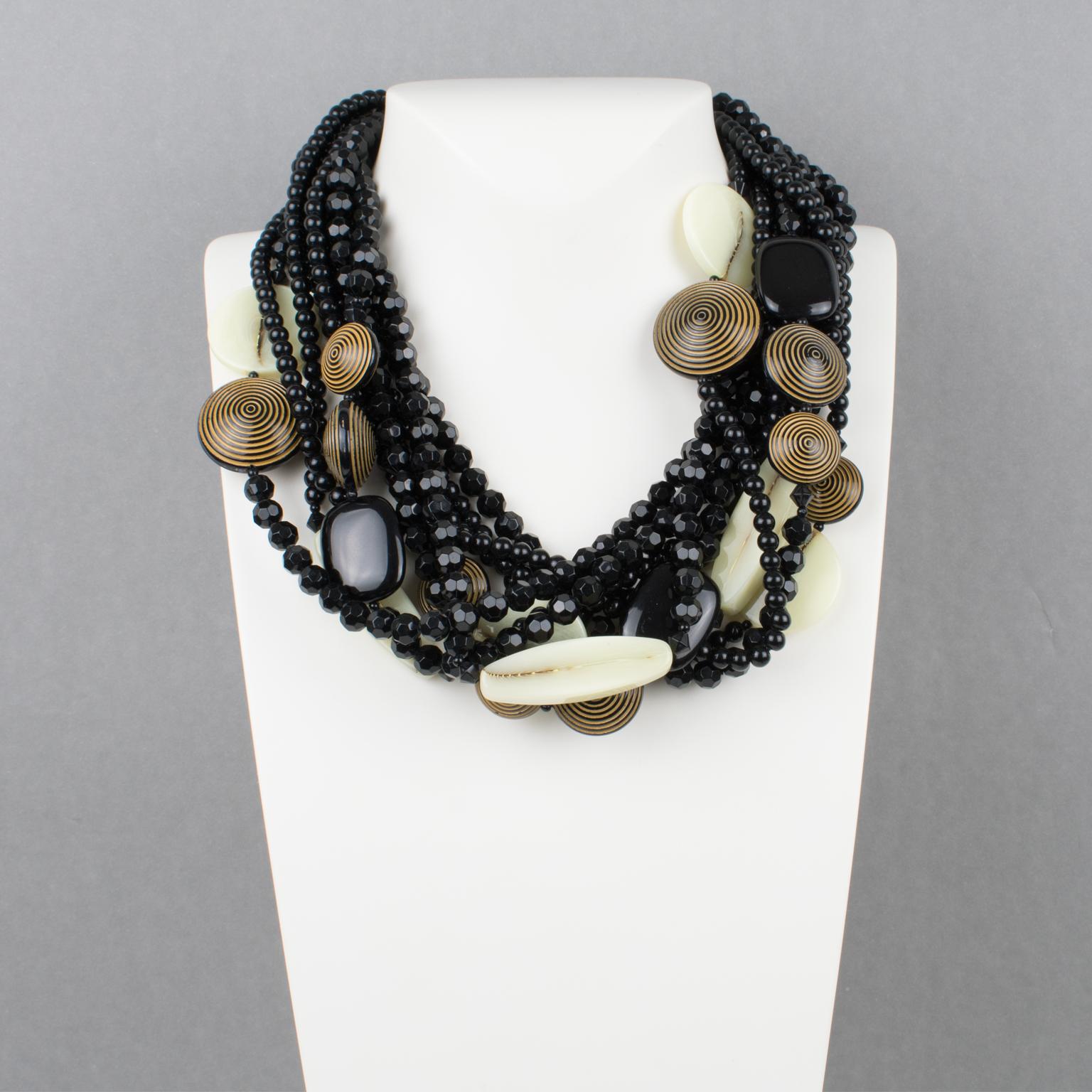 Modern Angela Caputi Black and Beige Multi-Strand Resin Choker Necklace For Sale