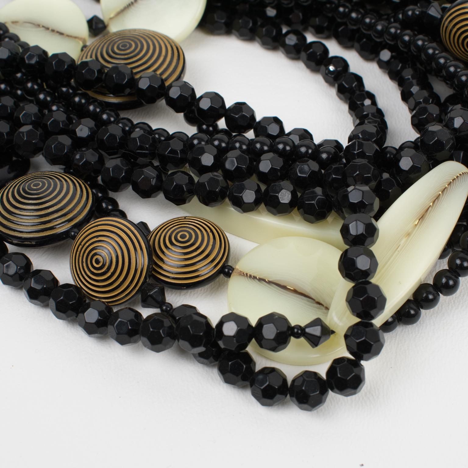 Angela Caputi Black and Beige Multi-Strand Resin Choker Necklace For Sale 1
