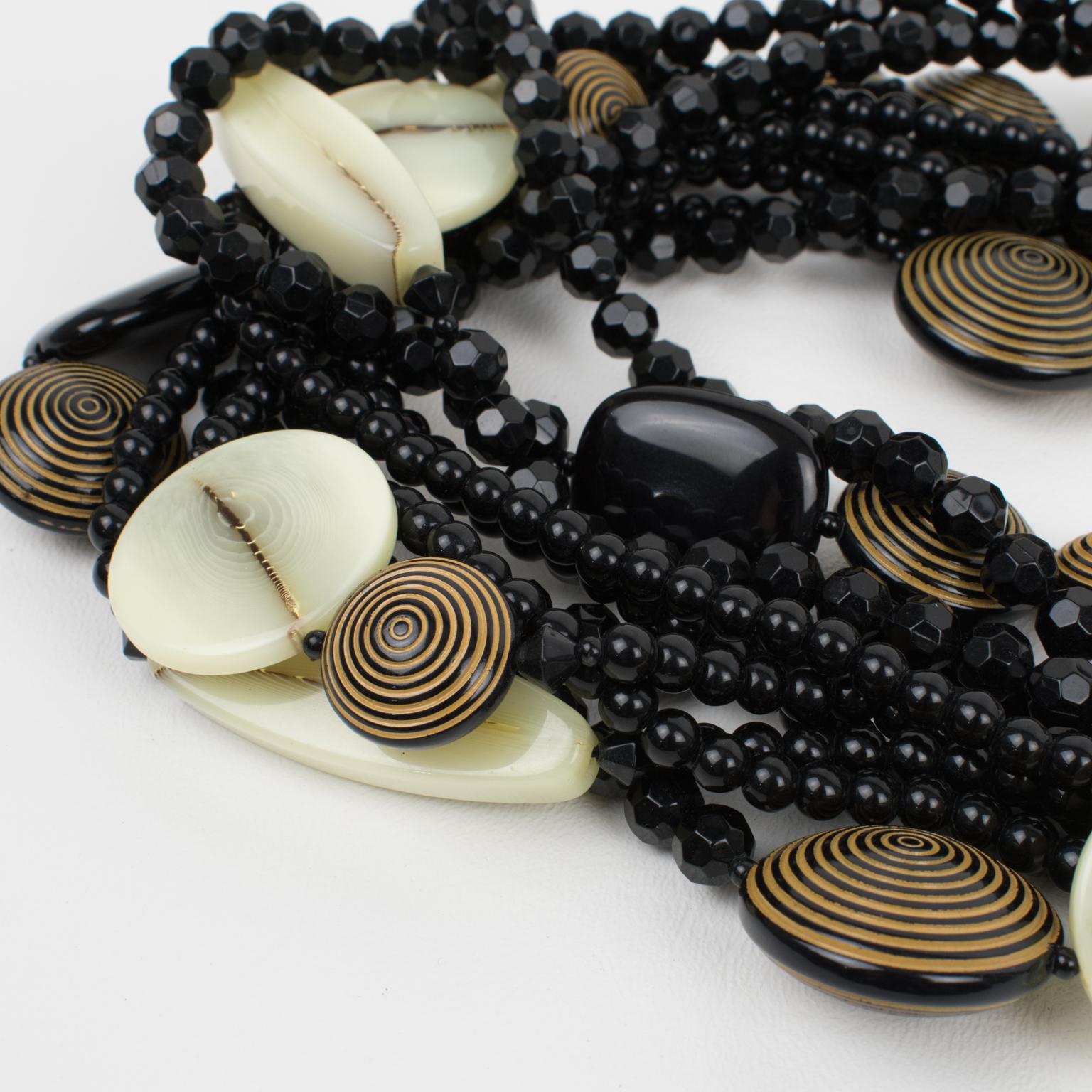 Angela Caputi Black and Beige Multi-Strand Resin Choker Necklace For Sale 2