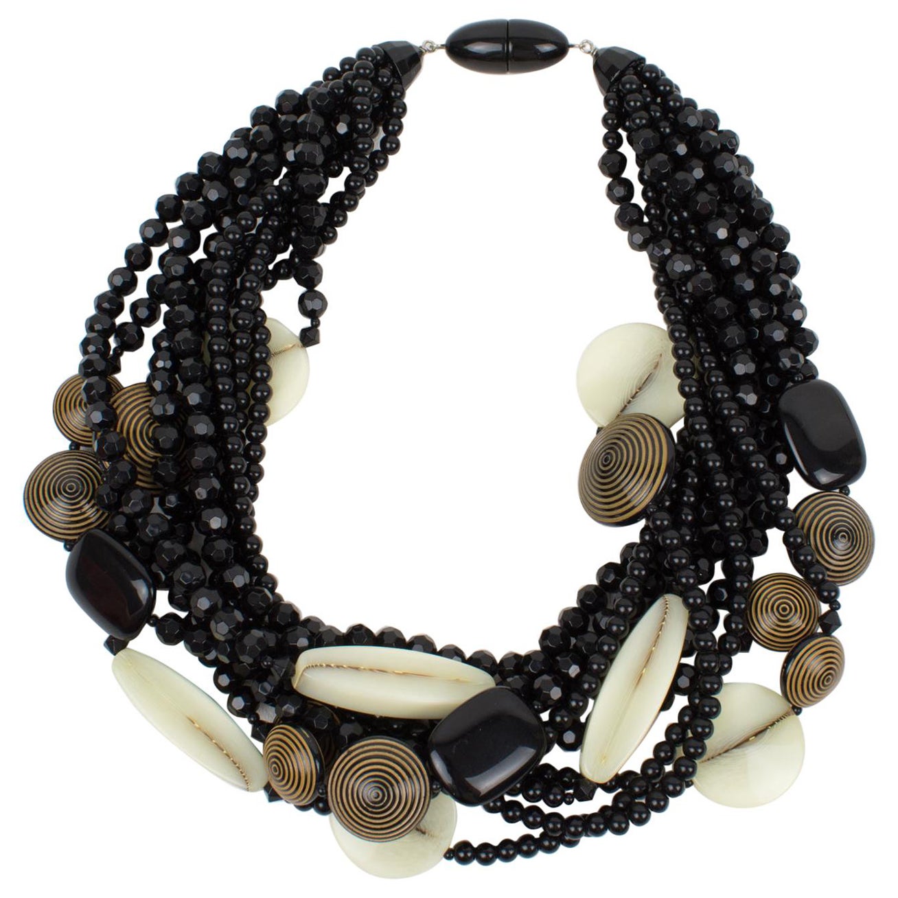Angela Caputi Black and Beige Multi-Strand Resin Choker Necklace For Sale
