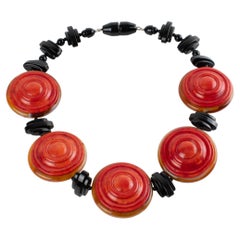 Angela Caputi Black and Cinnabar Red Resin Carved Disks Necklace