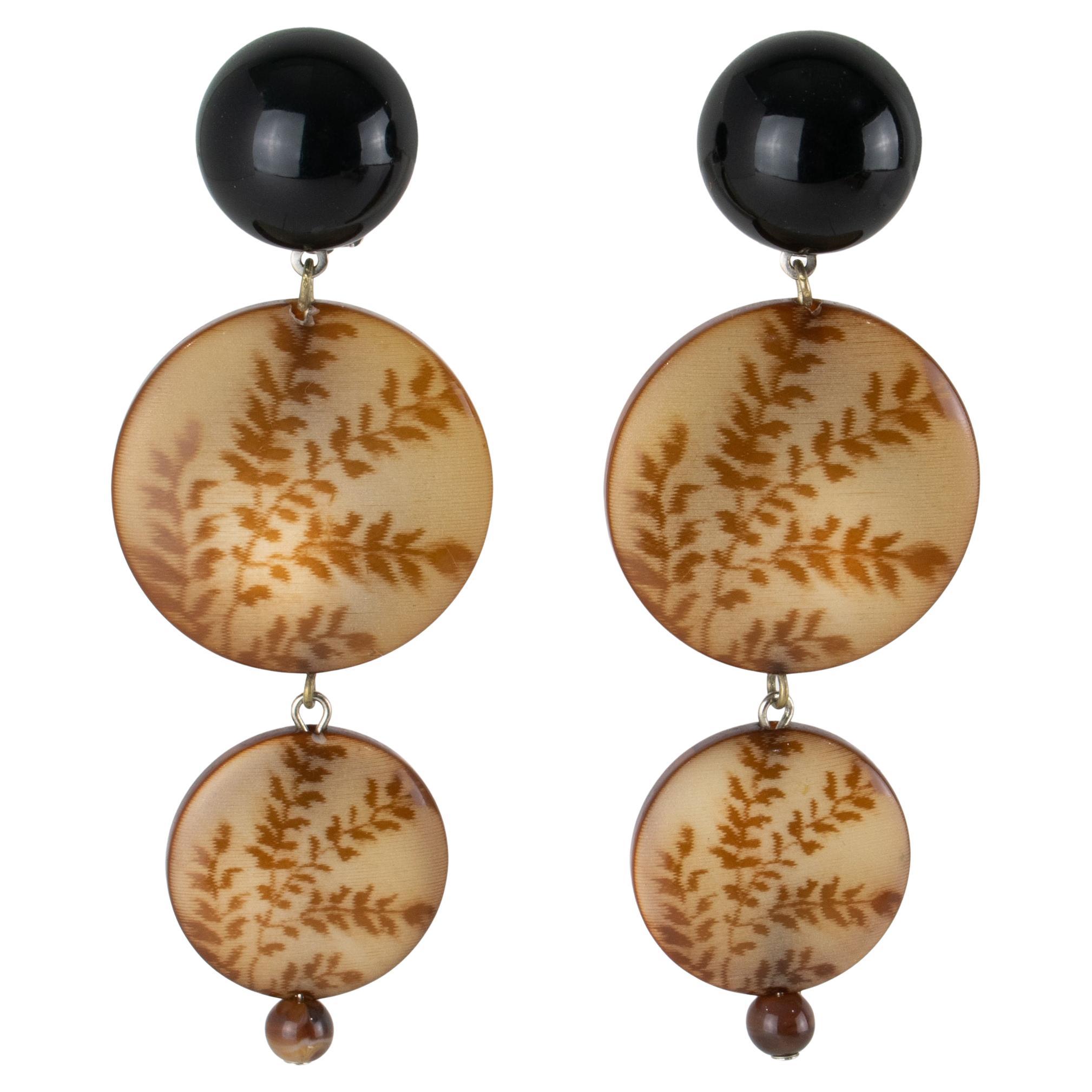 Angela Caputi Black and Cocoa Brown Floral Resin Clip Earrings