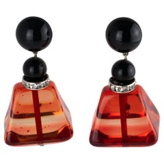 Angela Caputi Black and Cranberry Resin Dangle Clip Earrings