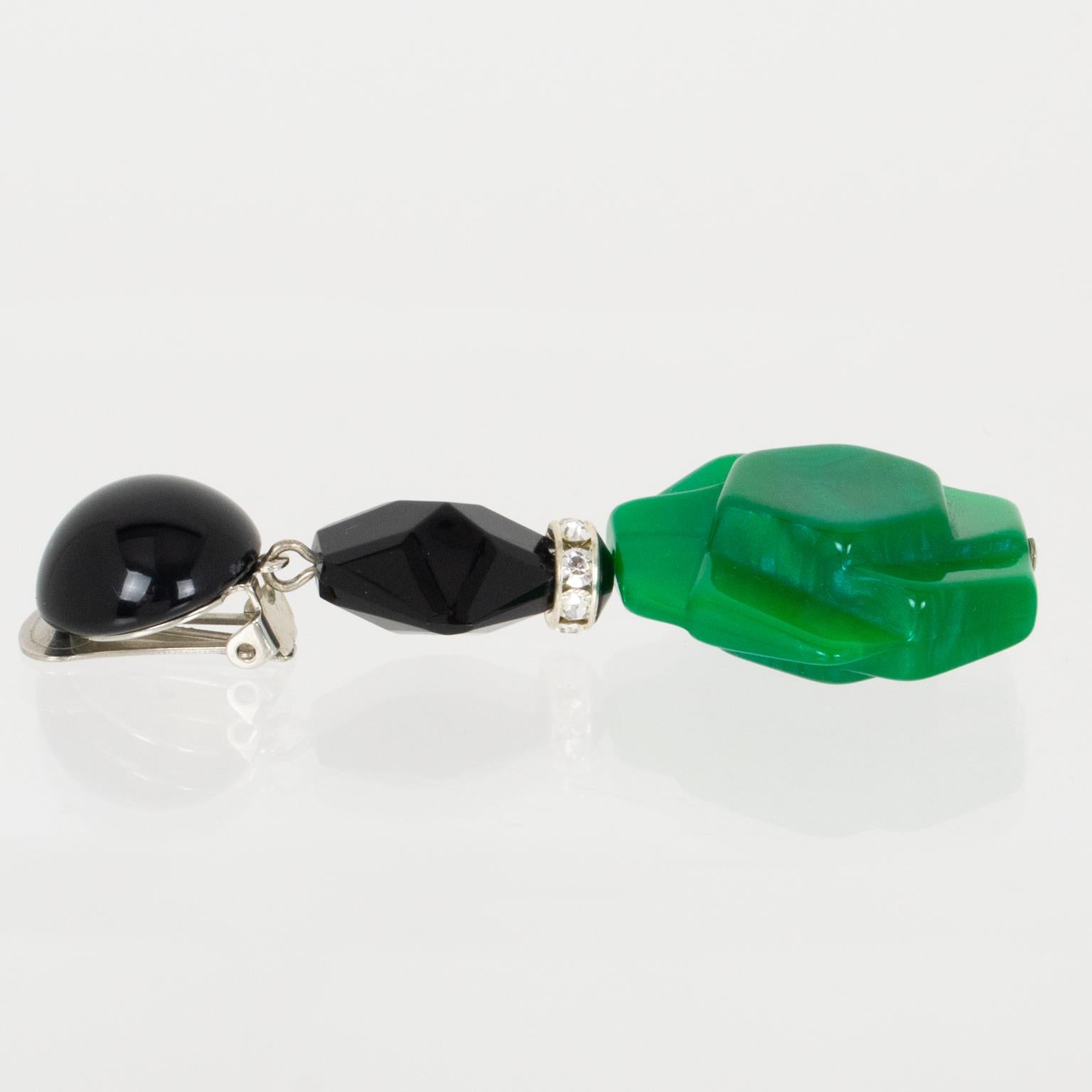 Modern Angela Caputi Black and Emerald Green Dangle Resin Clip Earrings For Sale