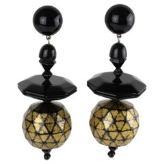 Angela Caputi Black and Gold Resin Dangle Clip-on Earrings