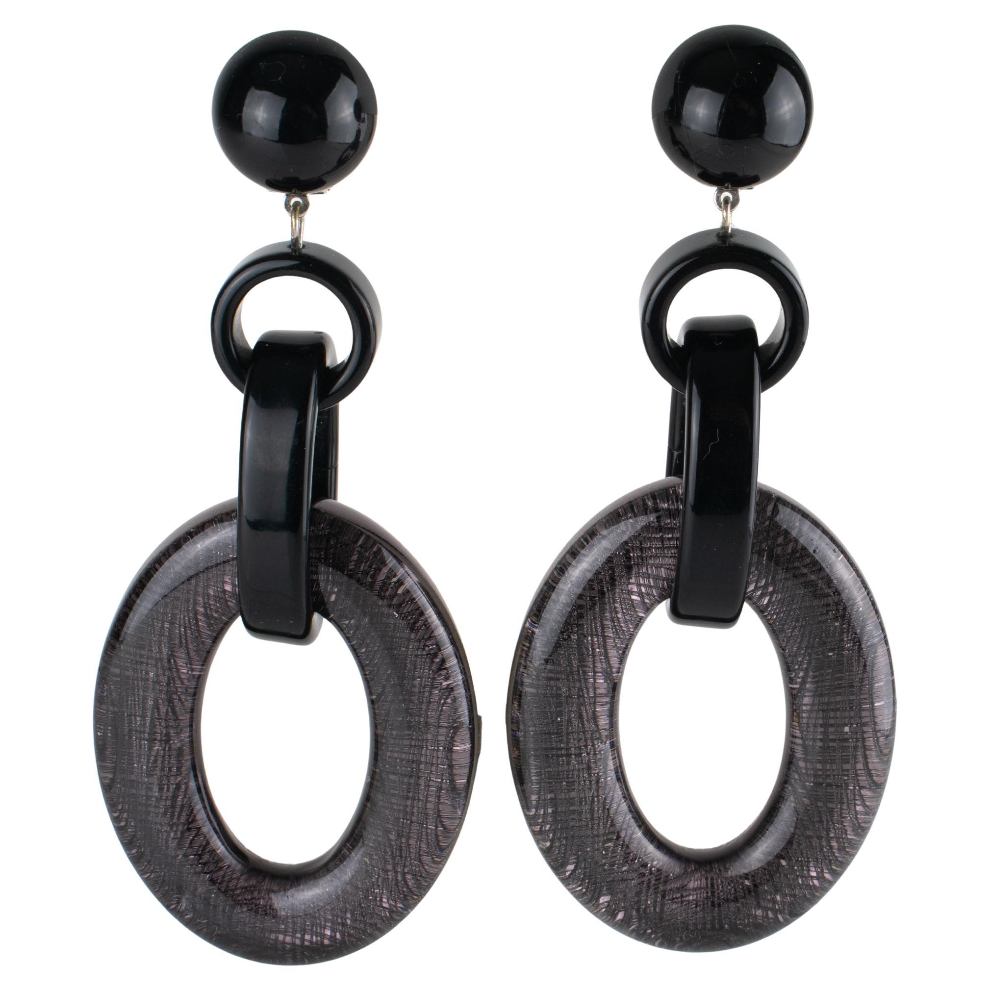 Angela Caputi Black and Gunmetal Resin Dangle Clip Earrings