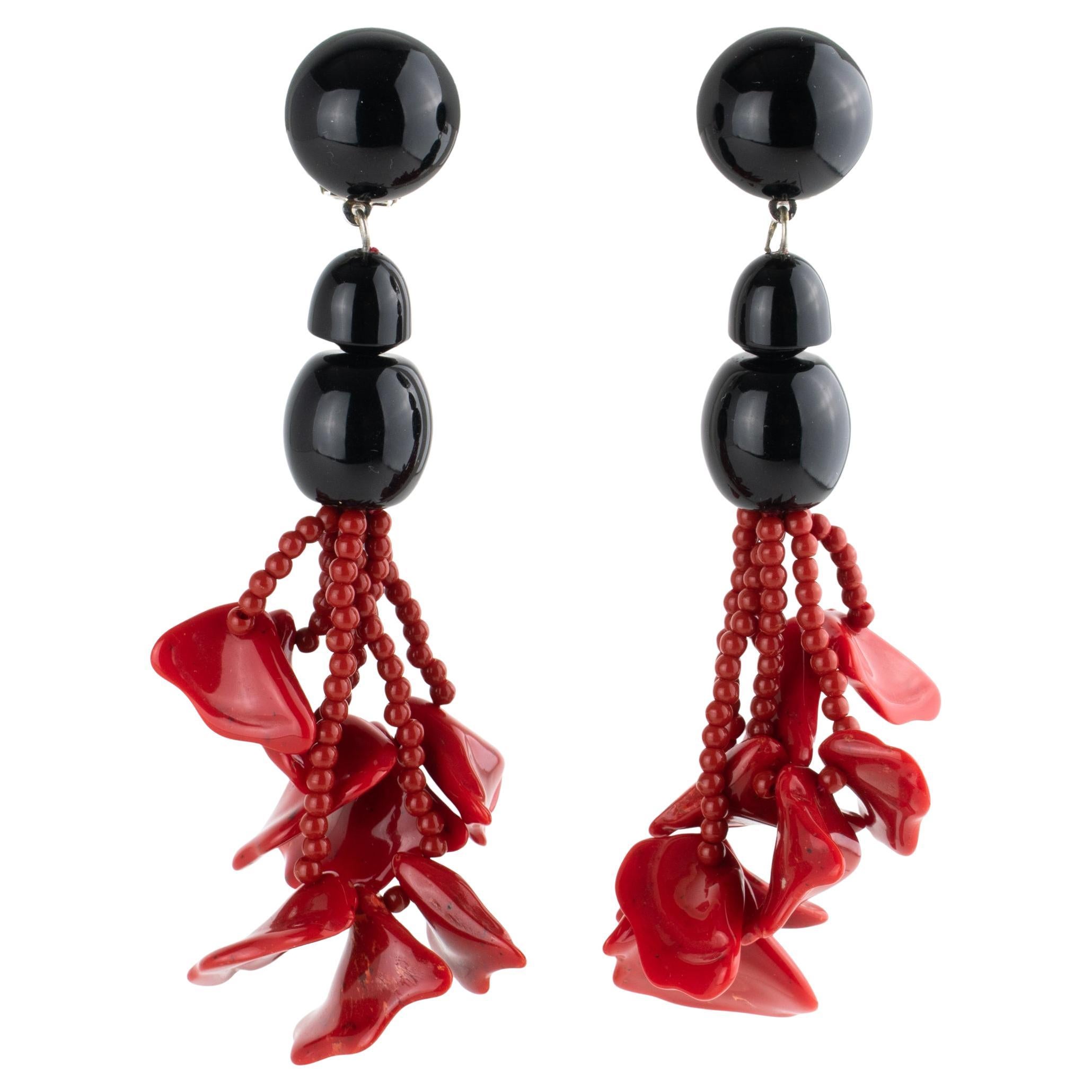 Angela Caputi Black and Red Cinnabar Dangle Resin Clip Earrings