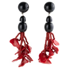 Angela Caputi Black and Red Cinnabar Dangle Resin Clip Earrings